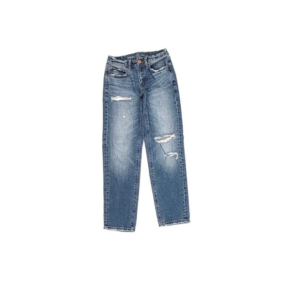 American Eagle Distressed 90's Low Rise Straight Women size 00P Blue Denim Jeans - Picture 1 of 4